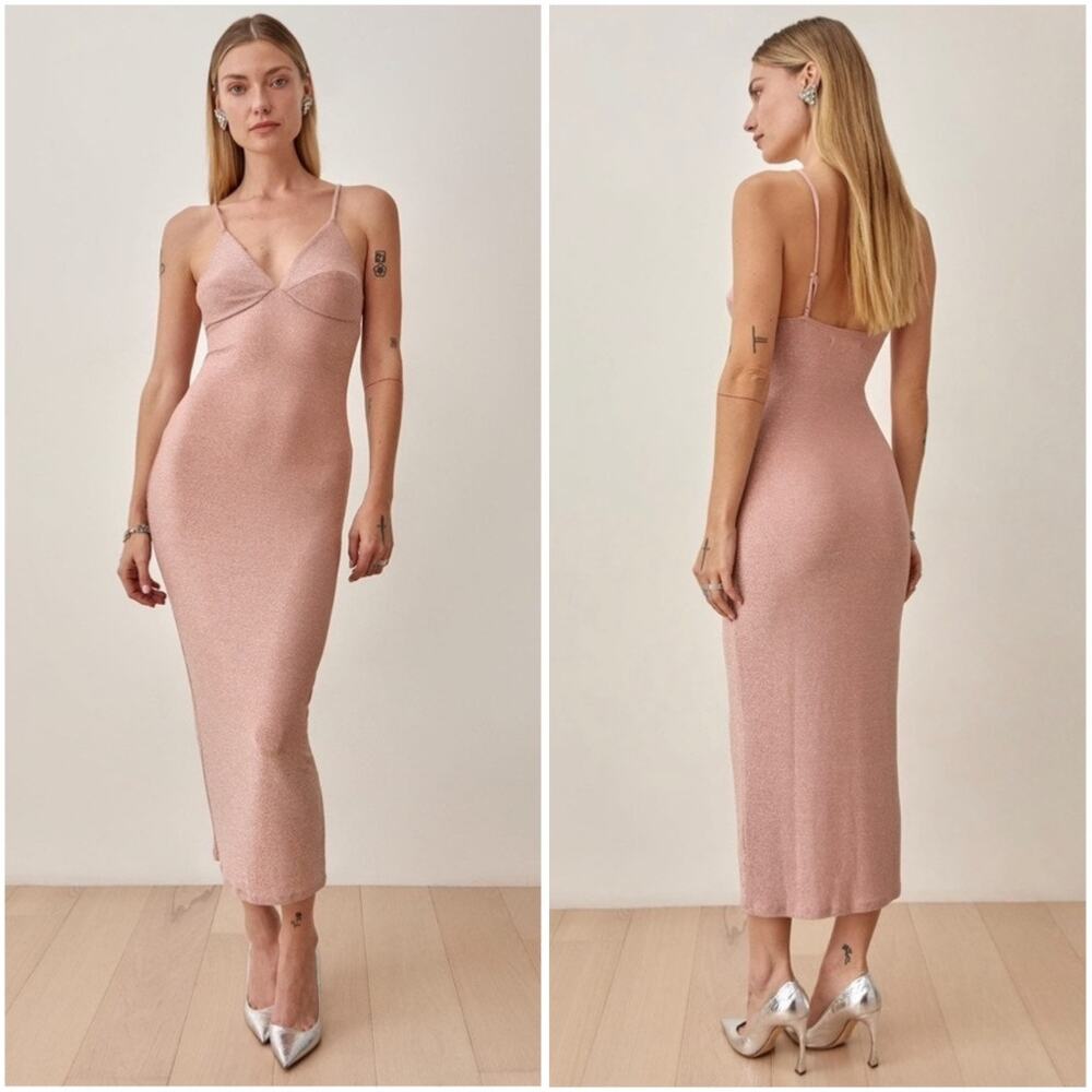 REFORMATION Disco Midi Dress V-Neck Metallic Maxi Rose Sparkle Pink Slip Dress